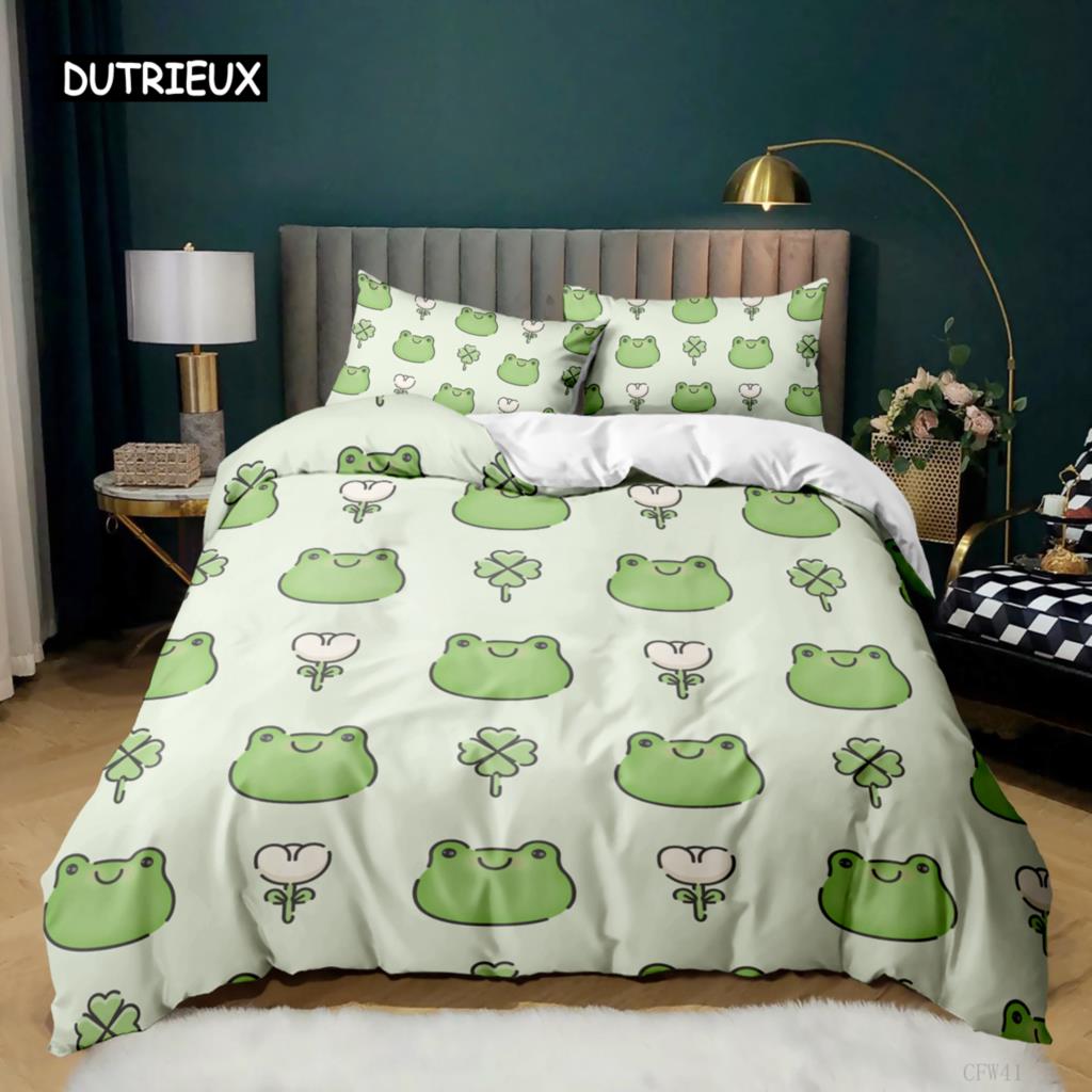 Cartoon Frog Duvet Cover Set Light Green Cartoon Frogs Cute Dragonfly Animal Bedding Set for Kid Twin Size Polyester Quilt Cover