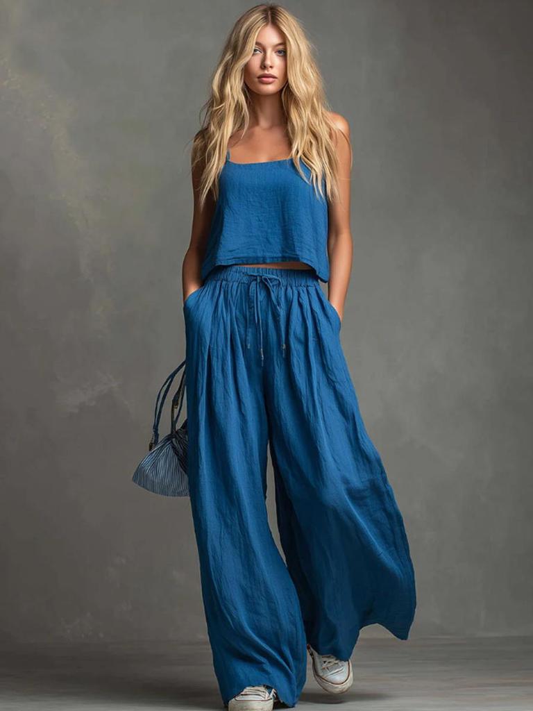 Women's Casual Set Strappy Top Wide Leg Pants Two Piece Outfit for Women