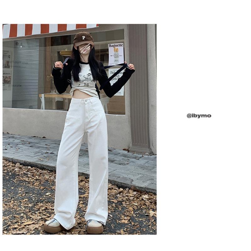 Pantaloni di Jeans Casual da Donna Bianchi a Vita Alta Larghi Gamba Dritta