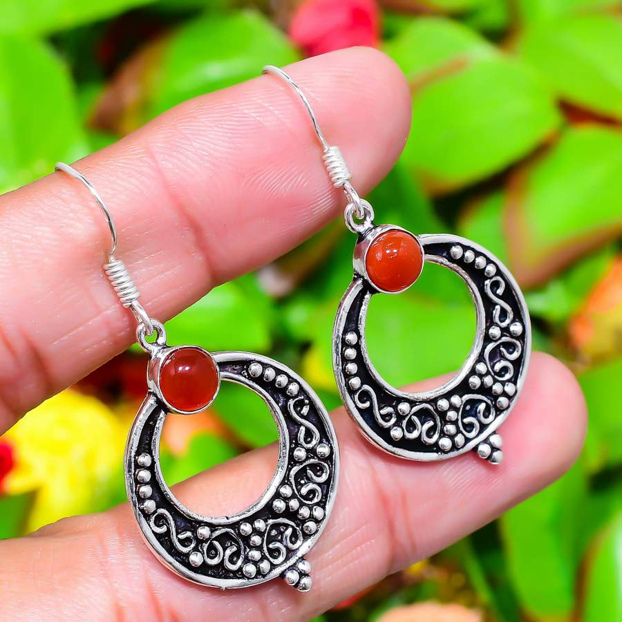 Orecchino Gioiello Fatto a Mano in Argento Sterling 925 con Pietra di Corniola Rossa 1,85" V9W05