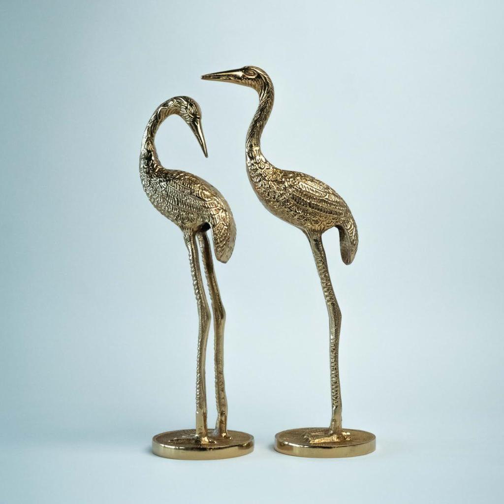 Brass Finish Crane Love Birds Pair| Saras Swan Showpiece Set for Home Decor| Metal Statue Figurines| Decorative Tabletop Decoration Item