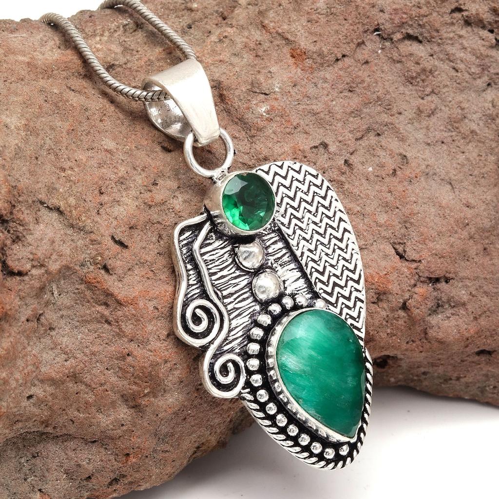 Malachite Emerald Gemstone Mother's Day Silver Jewelry Pendant 2.25"