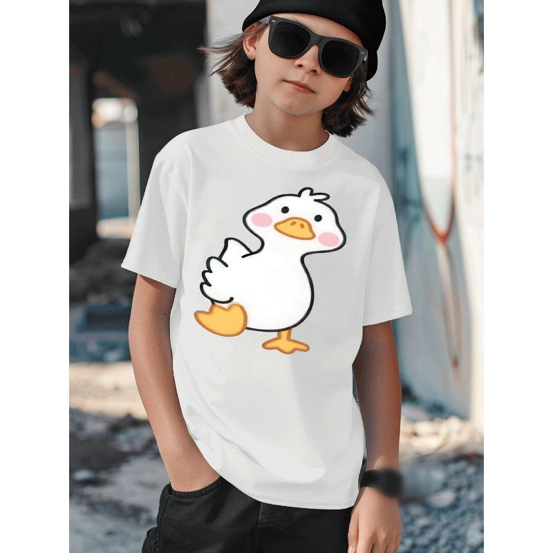 European Sizes Casual Black T-Shirt for Boys Featuring an Adorable Cartoon Duck Design, Suitable for Kids