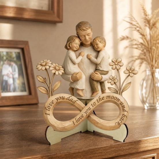 Wooden Ornament with Stable Base, Father Day Wooden Ornament, Decorative Resin Sculpture Family Love Decor for Desktop Bookshelf