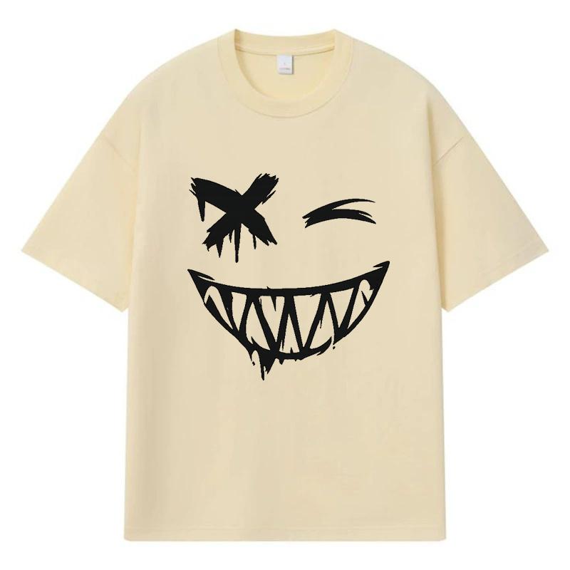 

2026 Smiling Face Printed Graphic Y2k Harajuku Streetwear 100% Cotton T Shirt Casual Oversized Summer Men T-shirt XXXL хакі