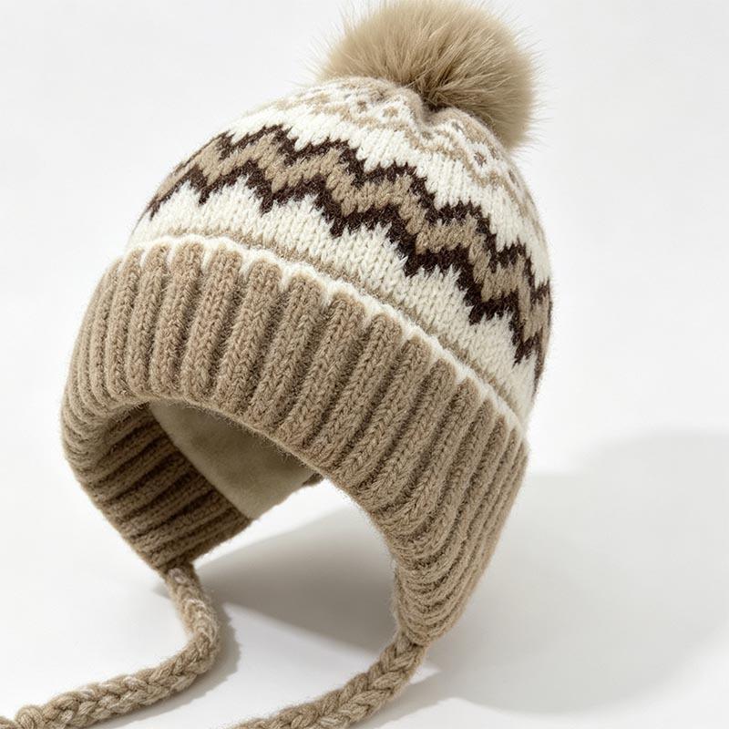 Fair Island Jacquard Ear Cap Women's Autumn and Winter Fleece Thickened Hairball Knitted Strap Windproof Warm Lei Feng Wool Cap