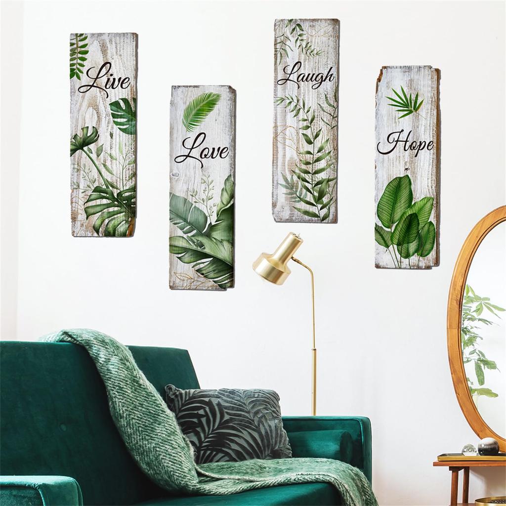 WOHAHA Wall Stickers, Stylish Plant Leaf, Green Wisteria Leaf, Nordic Wallpaper Sticker, English Text, Faux White Wood Grain, Peelable, Stylish Wall