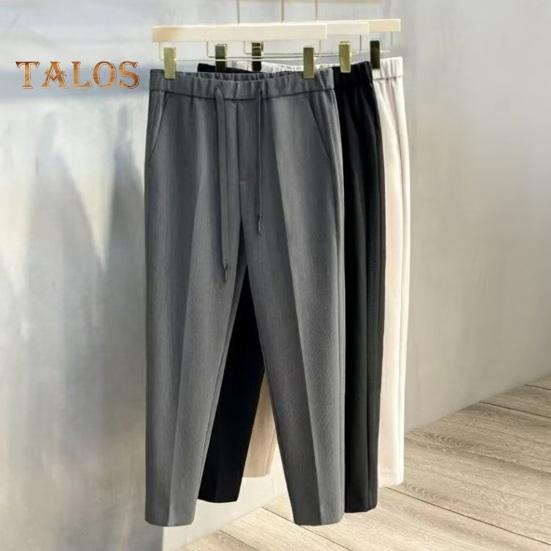 Men Suit Pants Drawstring Elastic Waist Straight Leg Solid Color Loose Formal Business Style Office Wear Trousers Ninth Pants