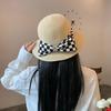 Rhinestone checkerboard bow sun straw hat women's summer straw shading hat seaside beach bucket hat basin hat
