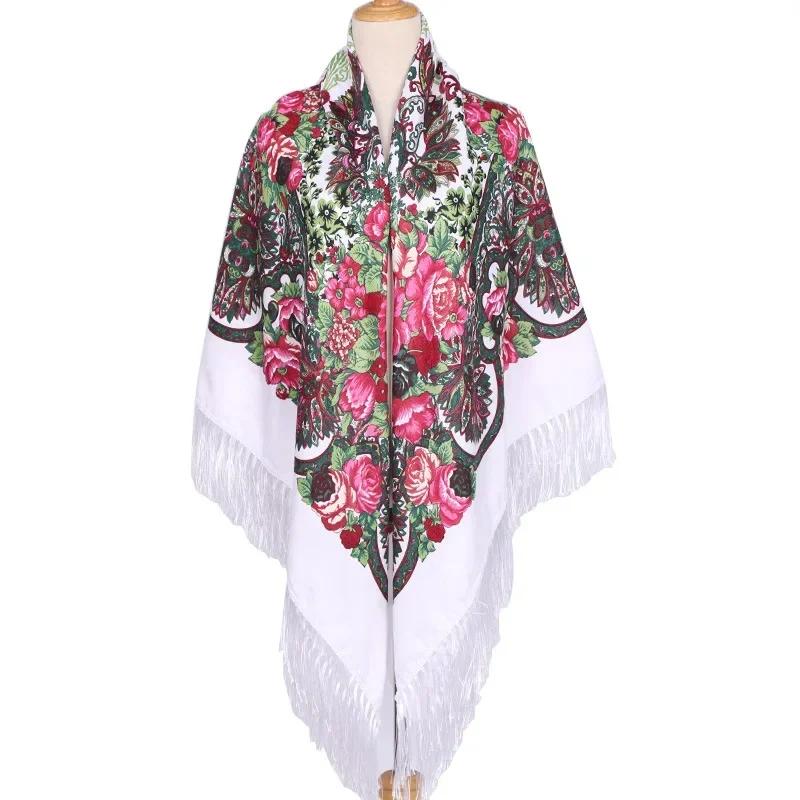 160*160Cm Ethnic Large Square Scarf For Woman Shawls Tassel Floral Print Headscarf Turban Wraps Russian Babushka Bandana Blanket
