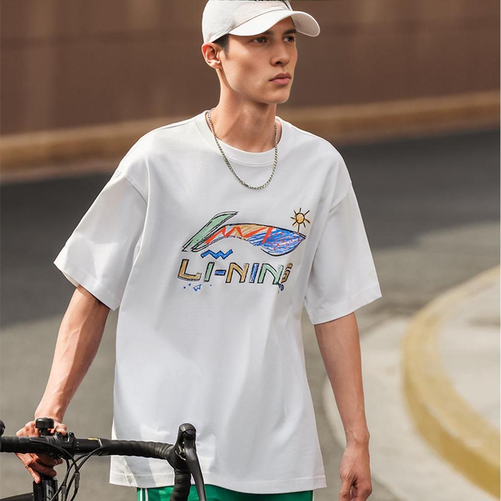 Li-Ning Hand-Painted Large Logo Print Loose Comfortable Versatile Short Sleeve T-Shirt Men Tops White AHSU745-2