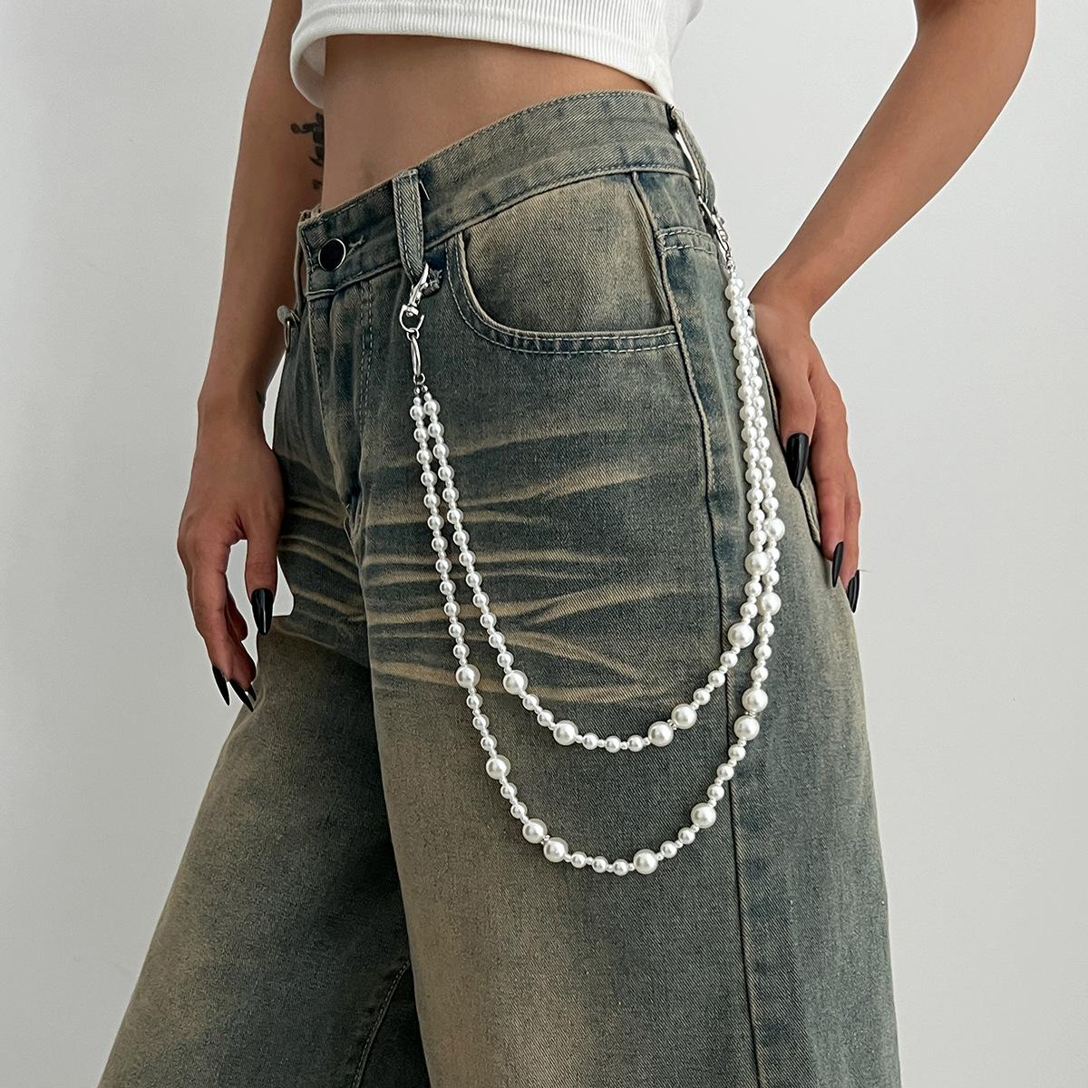 Fashion Style Imitation Pearl Beaded Jeans Chain, Personalized Multi-Layer Round Bead Chain Waist Chain Pendant