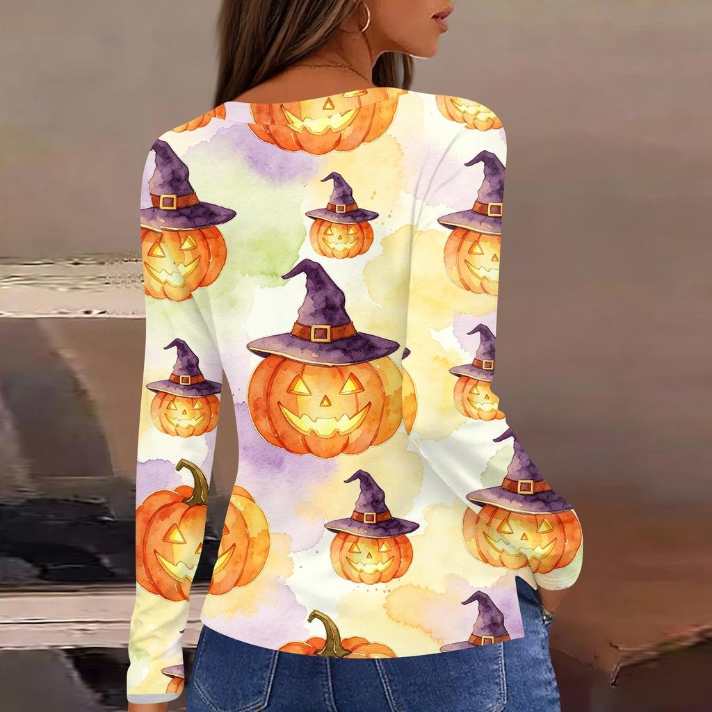 Women Casual Long Sleeve Pullover Sweatshirt Halloween Pumpkin Print Round Neck Top Lightweight Comfortable Fit