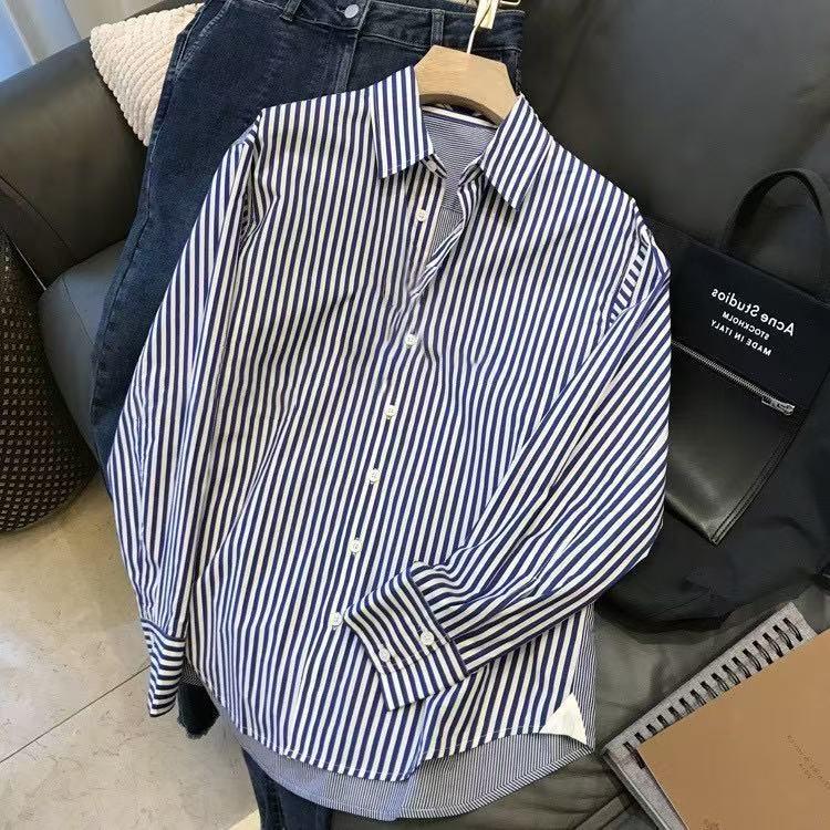 Kadınlar için Şık Mavi & Beyaz Çizgili Uzun Kollu Gömlek - Şık Sonbahar Tasarımı