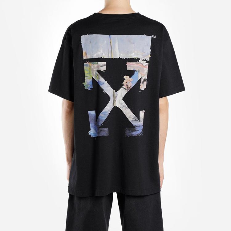 Off-White Pánské tričko s barevným potiskem a diagonálními šipkami, černé, OMAA038G20JER0061088