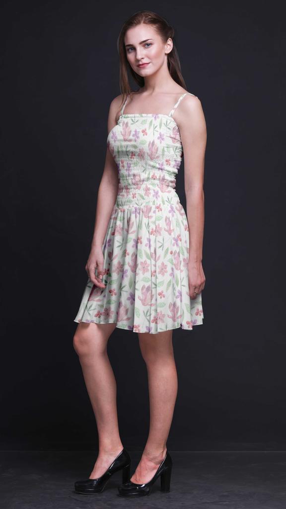 Bimba Floral Printed Women Smocked Waist Top Spaghetti Strap Mini Sun