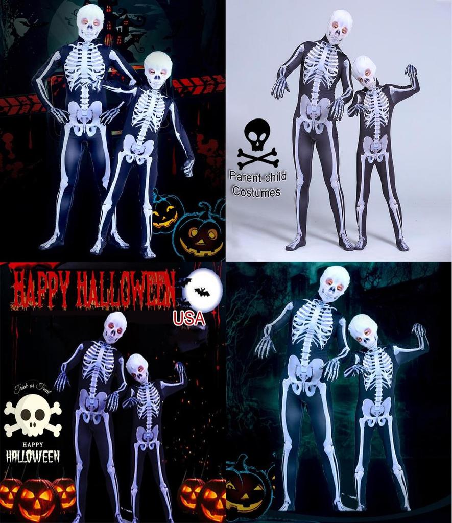 Unisex Parent-child Skeleton Man Costume Jumpsuit With Spooky Mask For Halloween Fun