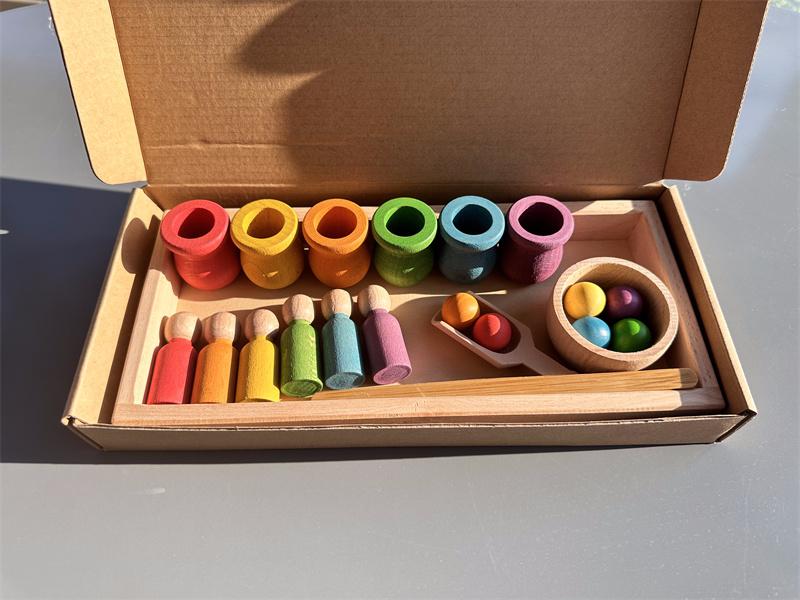 Beech Wooden Rainbow Sorting Toys Early Learning for Kids Pastel Pot Peg Dolls with Balls