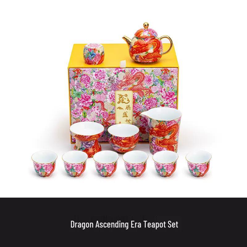 Silver Dragon Enamel Cloisonné Ceramic Teaware Set - Chinese Prosperity Kung Fu Court Gift Dragon Prosperity Teapot Set with Tray Gift Box