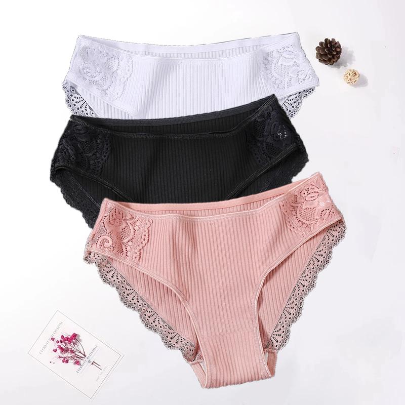 Floral Lace Cotton Women Panties Underwear Women Briefs Comfortable Female Underpants Solid Color Pantys Lingerie M-XXL 3PCS/Set