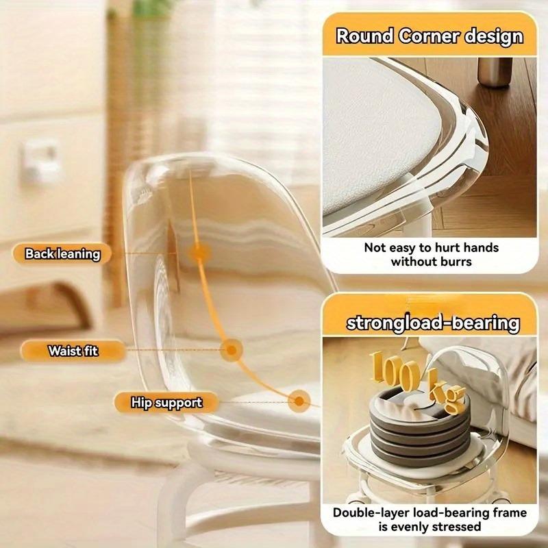 Modern 360° Rotating Crystal Stool with Wheels – Transparent Plastic Seat & Cushion, Casters for Easy Mobility, Perfect for Office and Home Use