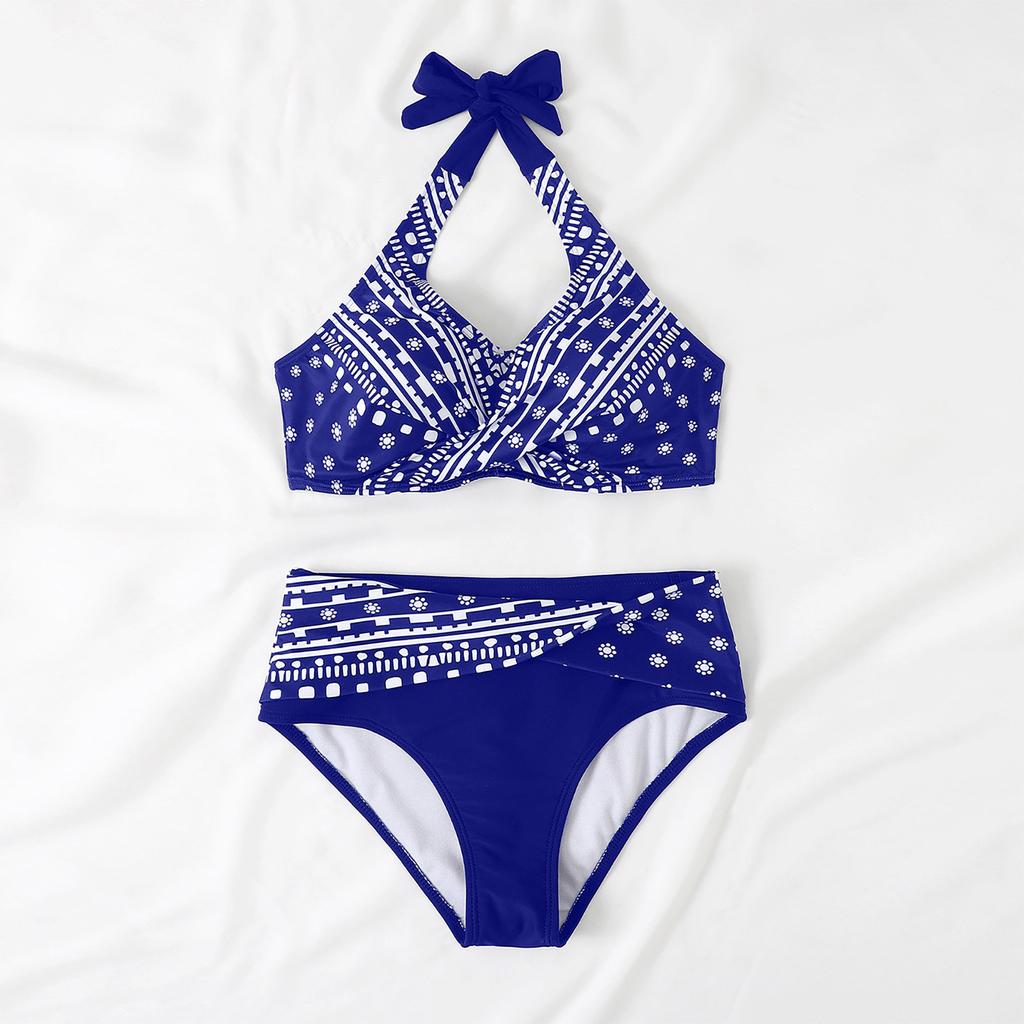 Fashion Women's Sexy Printed  Neck Strap Backless Beachwear Bikini Swimsuit Split Swimsuit