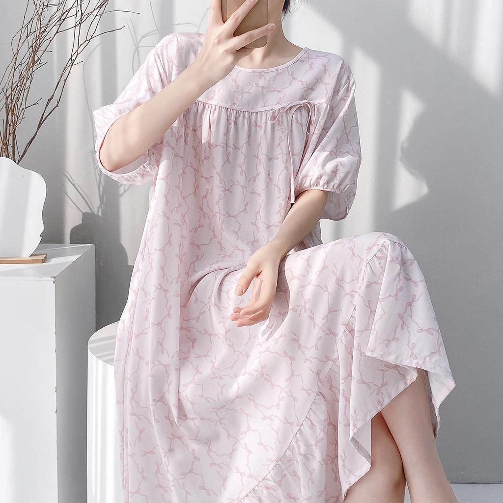 Retro polka dot cotton and silk nightdress women's summer loose large size literary and artistic fan medium and long loungewear can be worn outside