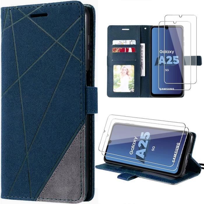 Coque de protection - BOOLING - pour Samsung Galaxy A25 5G - Cuir Synthétique - Bleu Marine - Avec Porte-Cartes