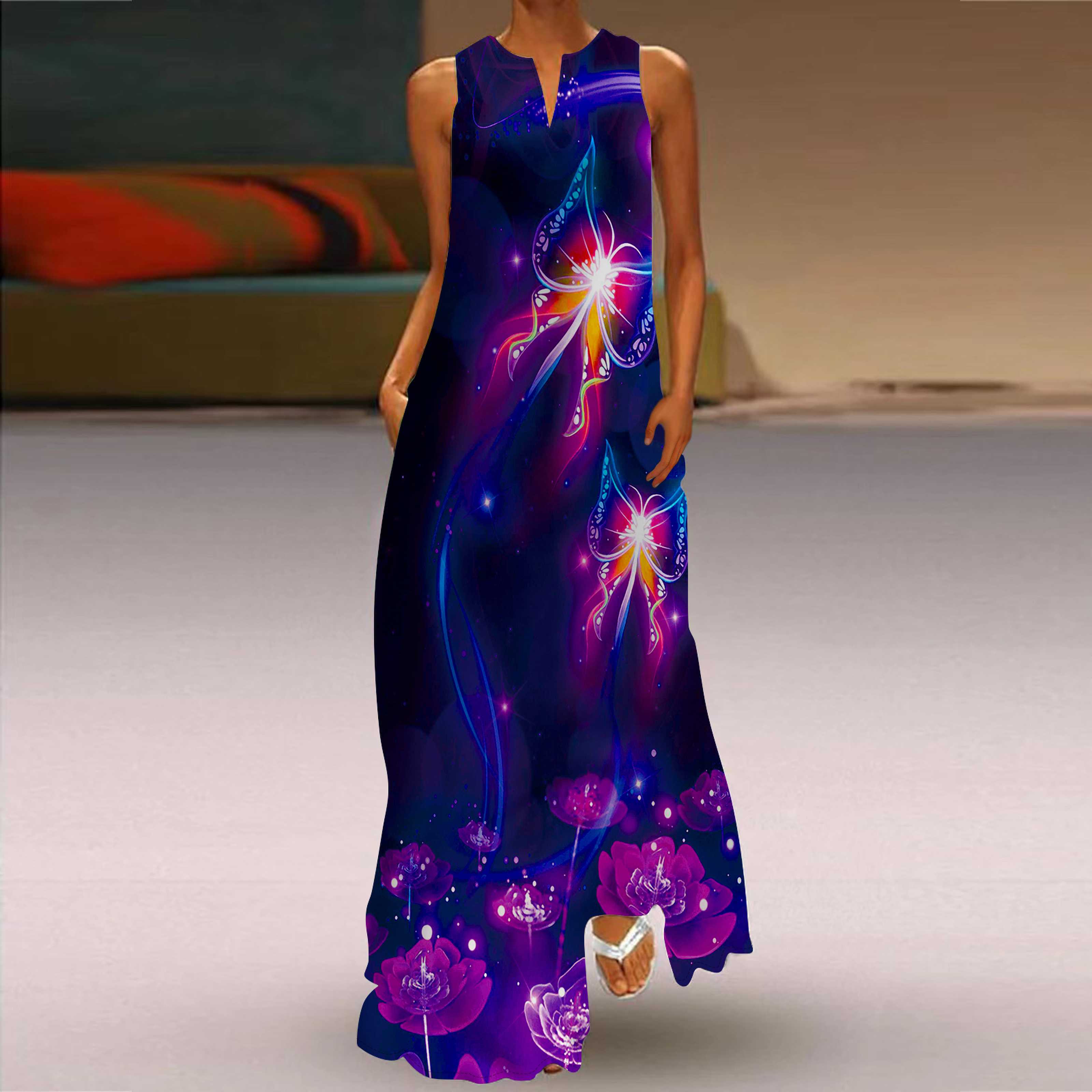 

Женское платье трапециевидного силуэта, макси, длинное, без рукавов, ночной фиолетовый, с принтом бабочки, осень-зима, с v-образным вырезом, стиль ретро, ​​элегантное 4XL разноцветный