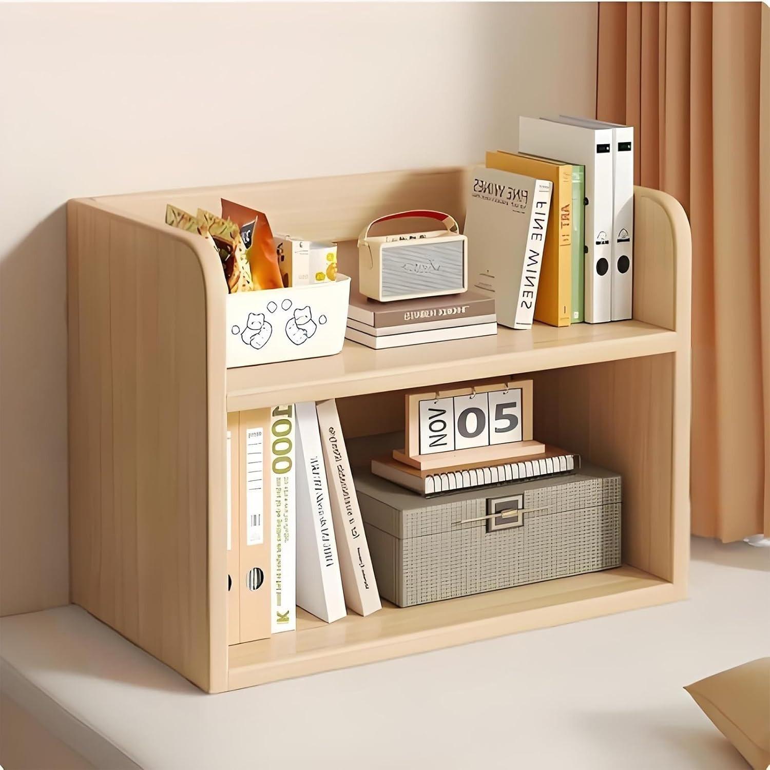 2-х уровневый деревянный настольный органайзер - многофункциональное настольное хранилище для книгдекора прочный 2-х полочный настольный органайзер с ящиком жёлтый 65290₽