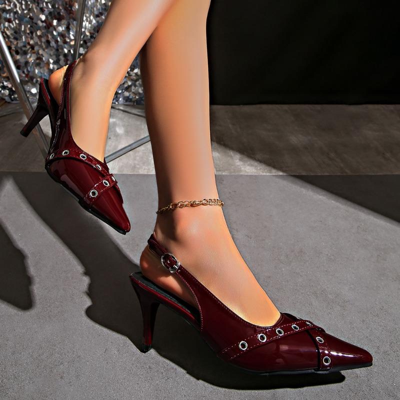 Fashion Wine Red Female Sandals Fashion Heels Footwear Women Pumps Slingbacks Shoes for Pointed Toe Buckle Strap Ladies High Heels Shoe