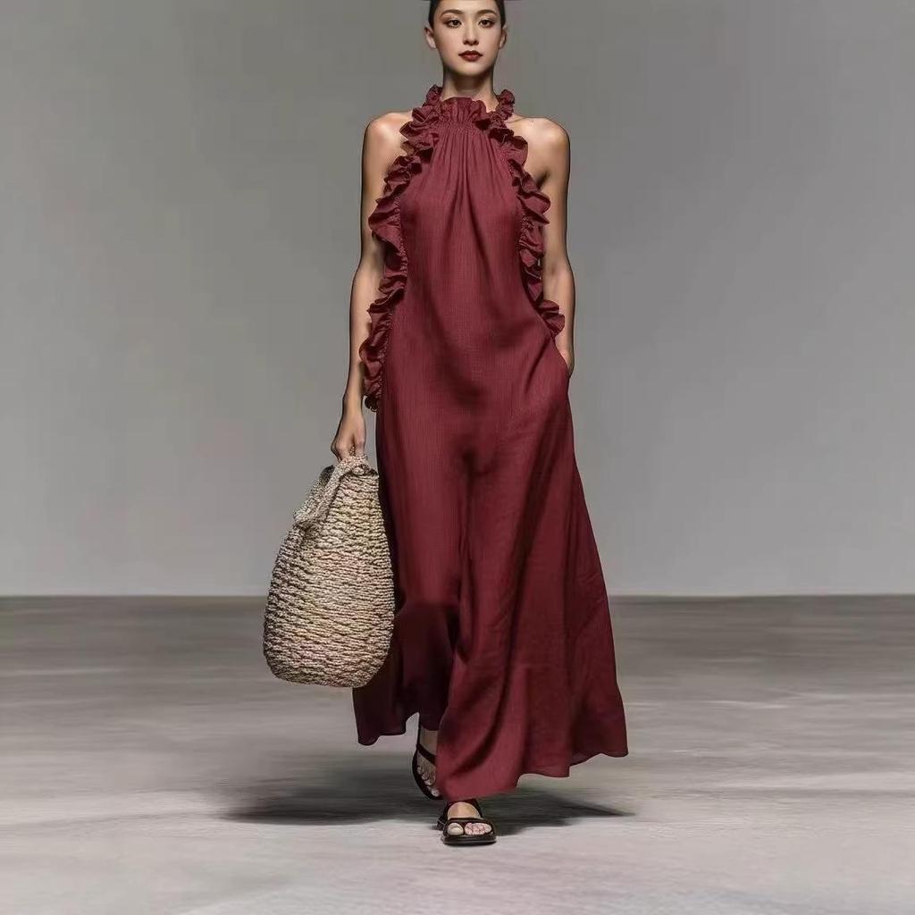 2026 Summer Halter Neck Ruffle Sleeveless Slimming Dress with Pockets