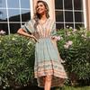 Summer ethnic style geometric floral print irregular green dress