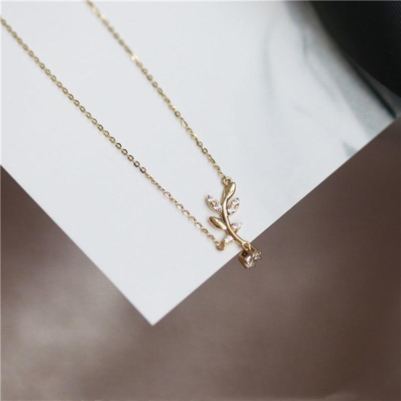 Vergoldete S925 Sterling Silber Olivenzweig Diamant Halskette für Damen