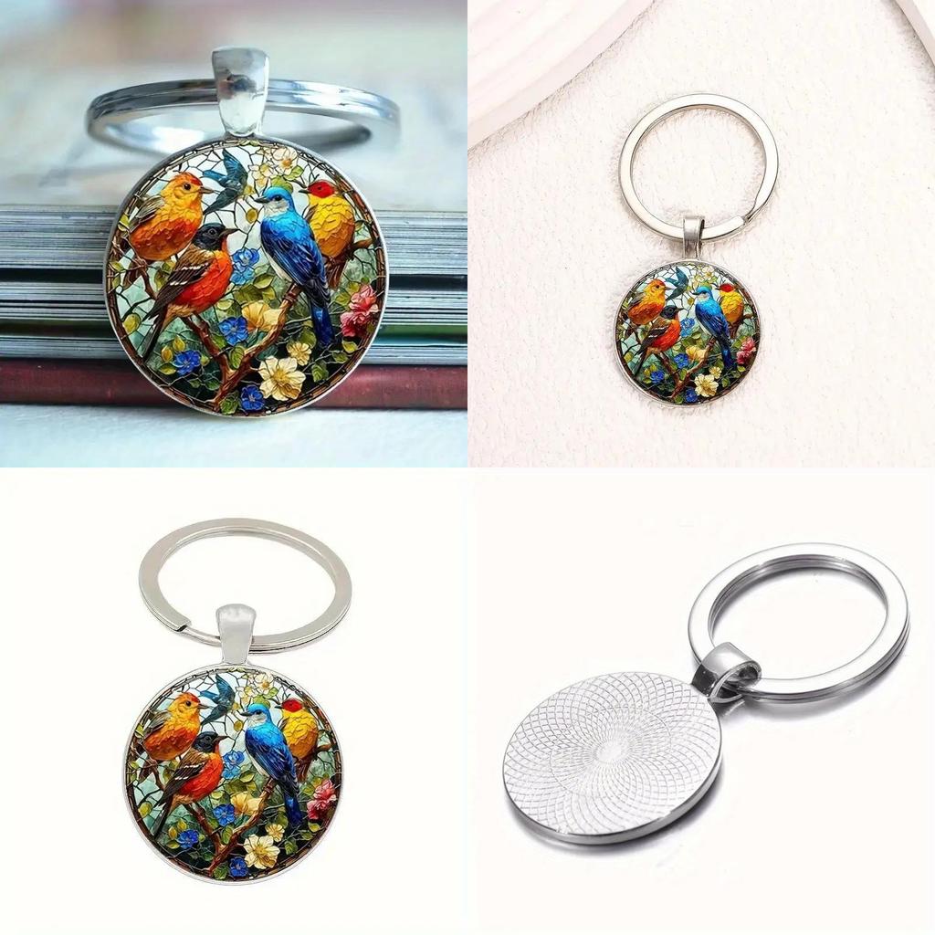Watercolor Bird Group Glass Keyring With Alloy Material For Gift And Everyday Use