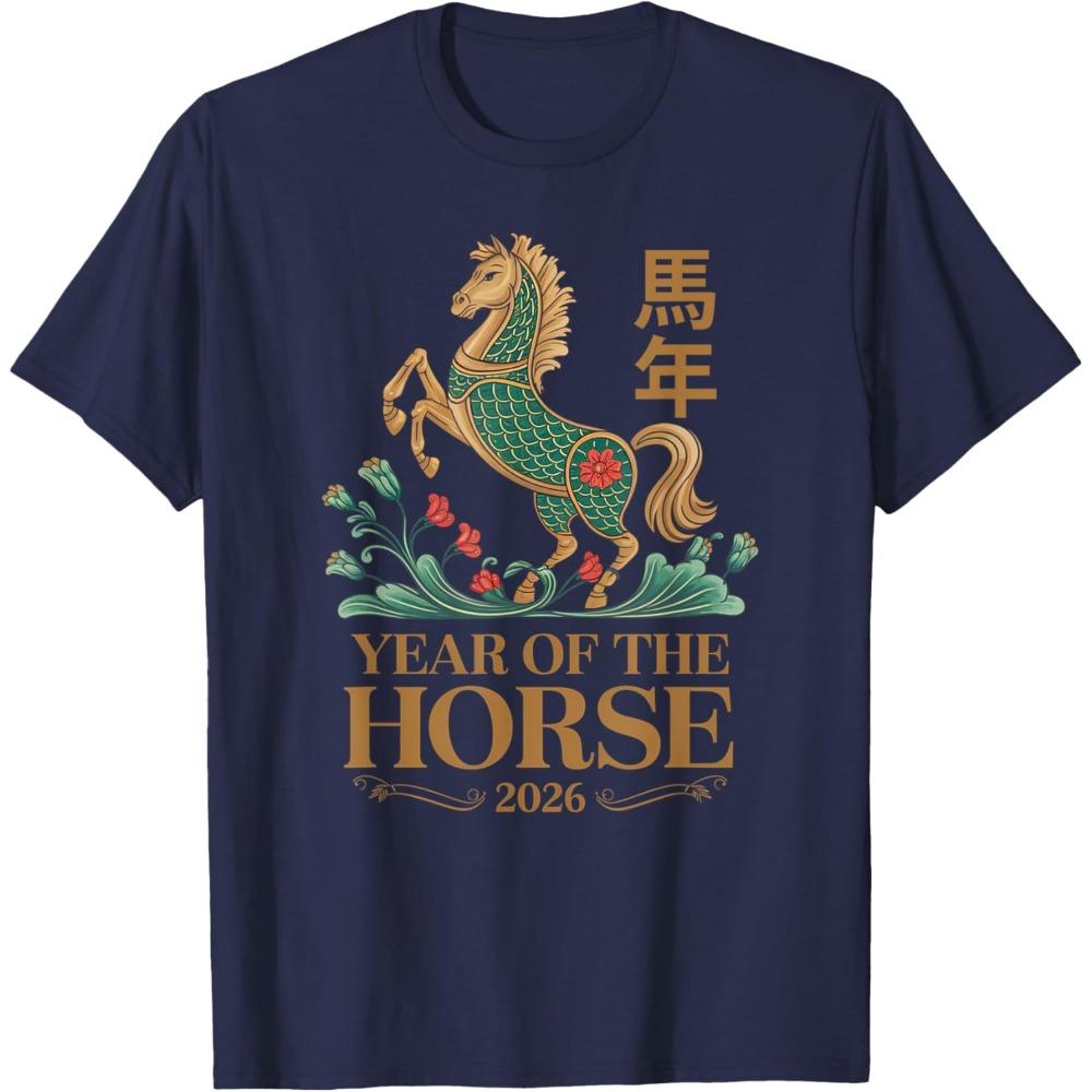 Lunar Chinese Year New Year of The Horse 19422026 Zodiac TShirt Retro Creative Horse Printed Tees New Year Party Unisex Tops