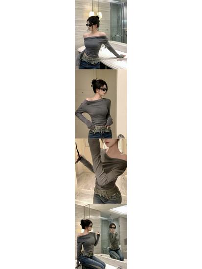 Women's Gray One-Shoulder Long-Sleeve T-Shirt: Slim-Fit, Flattering, Sexy, Short, High-End Feel for Autumn/Winter.