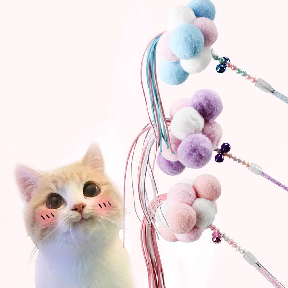 1Pcs Long Tassel Cat Teaser Wand Stick with Bells and PomPom Ball