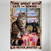 Vintage Metal Sign 'TIME SPENT WITH CATS AND SEWING' Rustic Cat Sewing Machine Patchwork Quilt Wall Decor for Home Office Bar Ca
