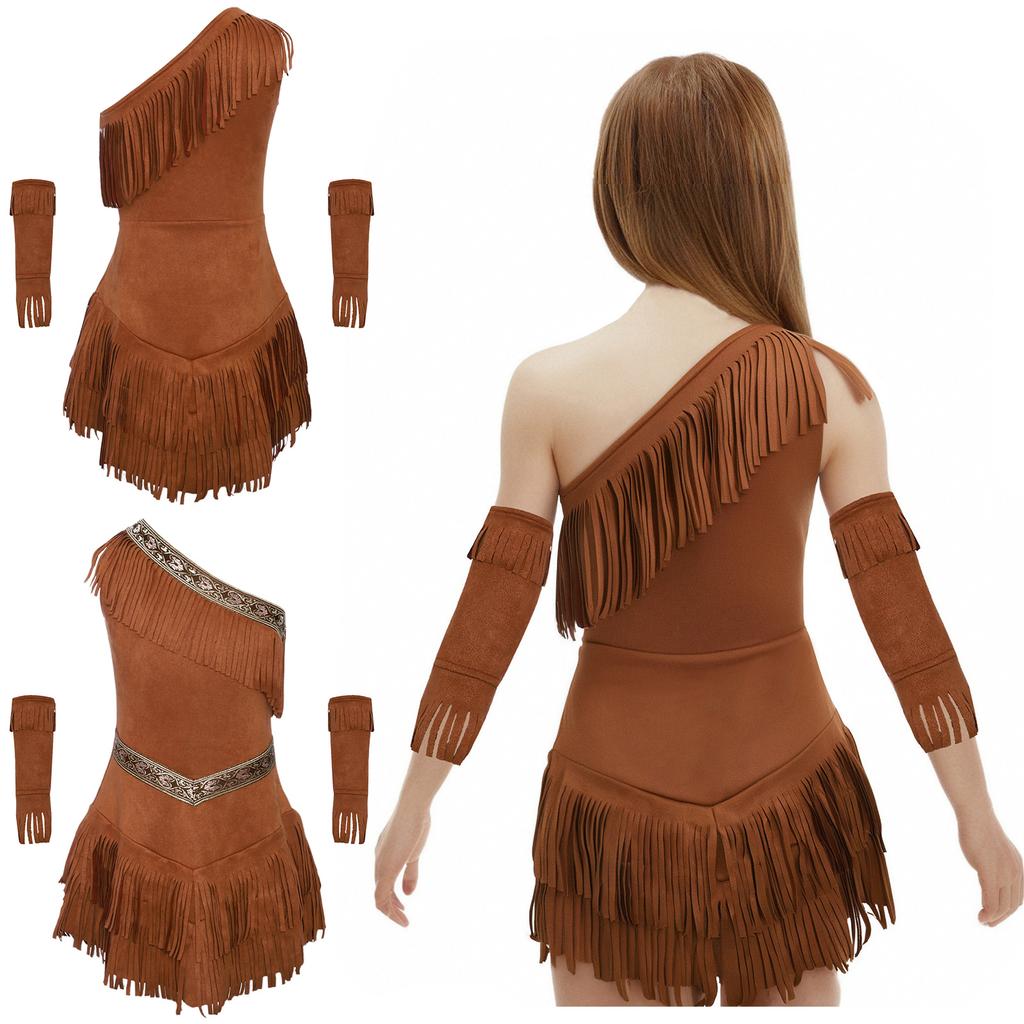 Girls Halloween Cosplay Outfit: Native American Princess One Shoulder Fringe Suede Dress with Tassel Sleeves Fancy Dress Costume