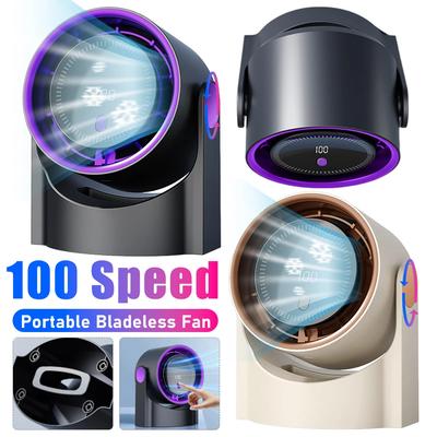 100 Level Portable Bladeless Fan USB Rechargeable Desktop Cooling Fan Digital Display Electric Personal Fan for Outdoor Travel