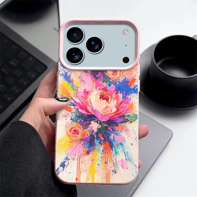 Leather Texture TPU Phone Case For iPhone 17 17e 16e 16 15 Pro Max 14 13 Pro Max 11 Oil Painting Peony Soft Silicone Back Cover