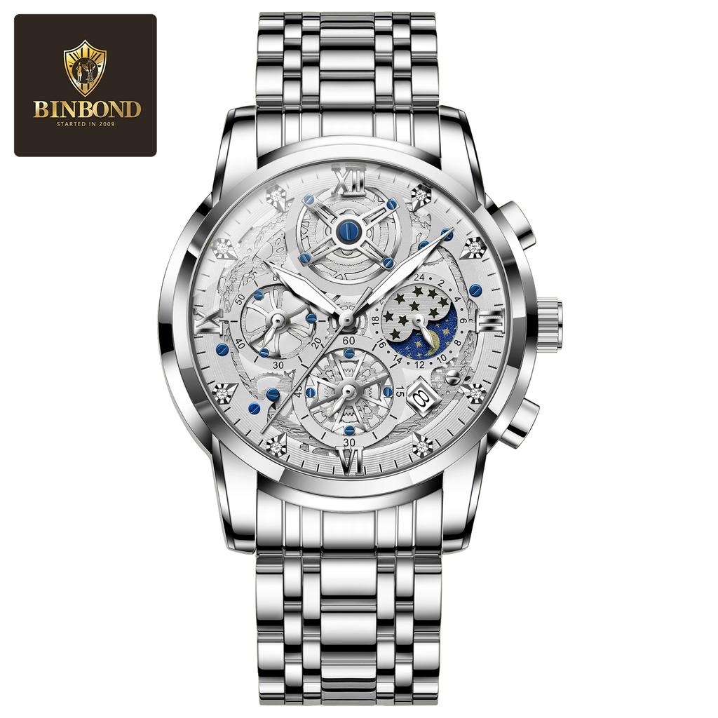 BINBOND Luxury Man Watch Waterproof Luminous Chronograph Date Men Watch Stainless Steel Quartz Men's Watches