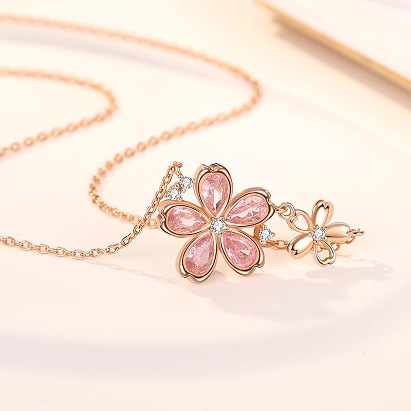 Japan and Korea S925 Sakura Necklace for Women, Fashionable Peach Blossom New Fresh Set Necklace, Light Luxury Jewelry