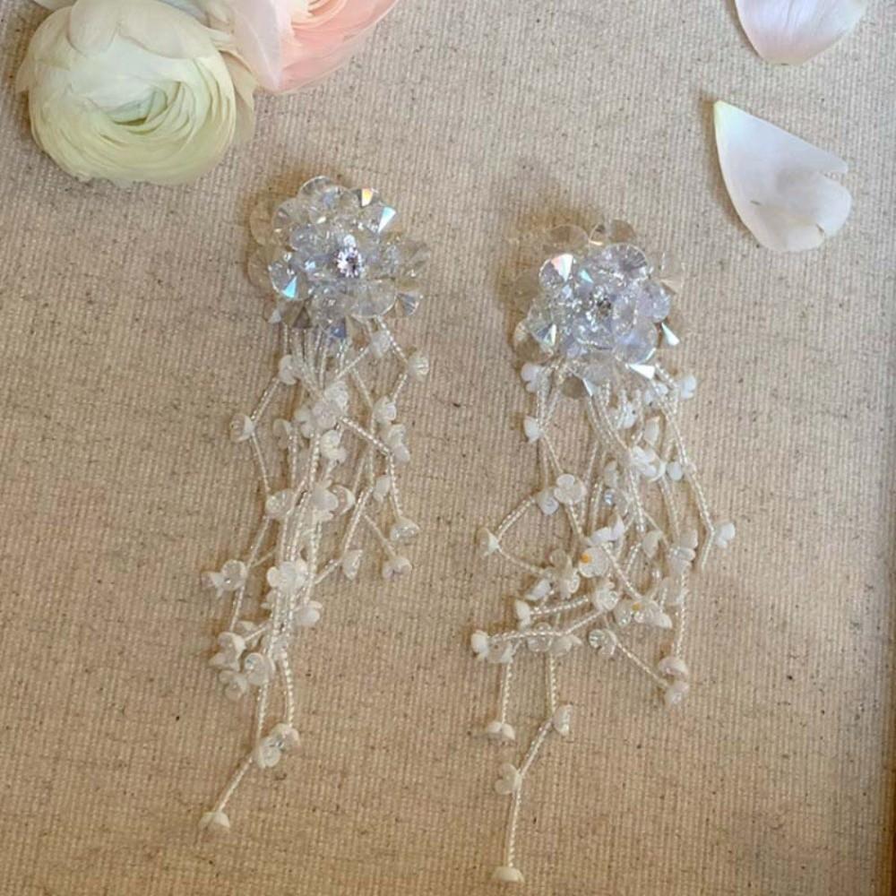 Rhinestone Floral Tassel Earrings Zinc Zinc Alloy Long Ear Drop Summer White Flower Earrings  Holiday