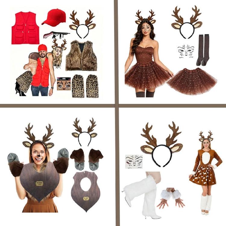 Antlers Reindeer Headband Fawn Tail Face Stickers Reindeer Costume for Christmas Halloween Party Deer Cosplay Costume