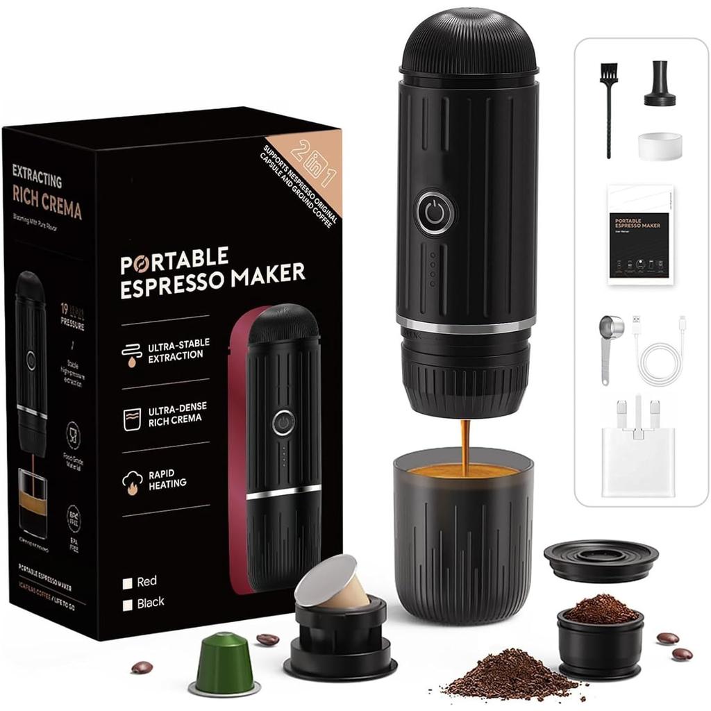 Portable Espresso Maker for Travel & Camping, Self-Heating 3-in-1 Coffee Machine Compatible with Nespresso, Dolce Gusto & Ground Coffee