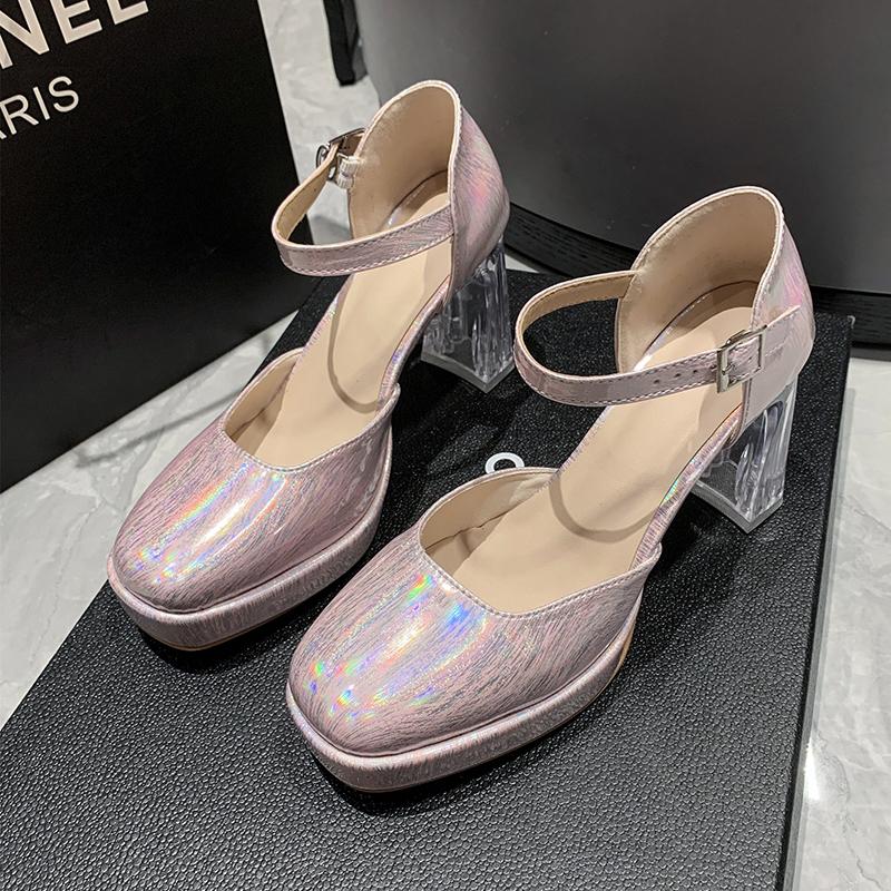 Fashion Patent Leather High Heels Sandals Women Summer 2024 Chunky Platform Party Sandals Woman Clear Thick Heeled Ankle Straps Pumps