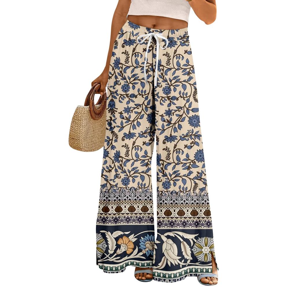 Dames zomer boho palazzo broek met hoge taille, wijde pijpen en bloemenprint, casual broek met zakken