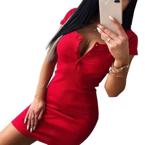 

Сексуальное женское трикотажное мини-платье с коротким рукавом и V-образным вырезом на груди, ребристые облегающие платья XL красный